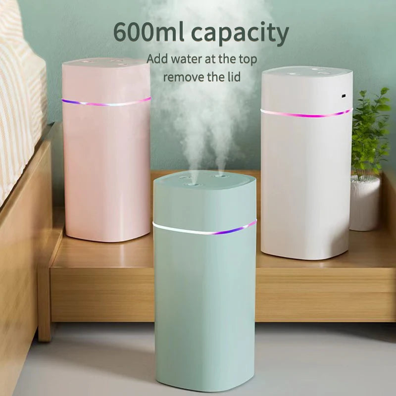 600ml Dual Nozzle USB Humidifier with 7-Colour Ambient Light
