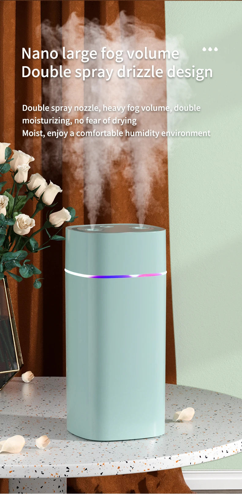 600ml Dual Nozzle USB Humidifier with 7-Colour Ambient Light