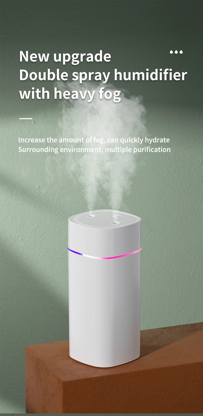 600ml Dual Nozzle USB Humidifier with 7-Colour Ambient Light